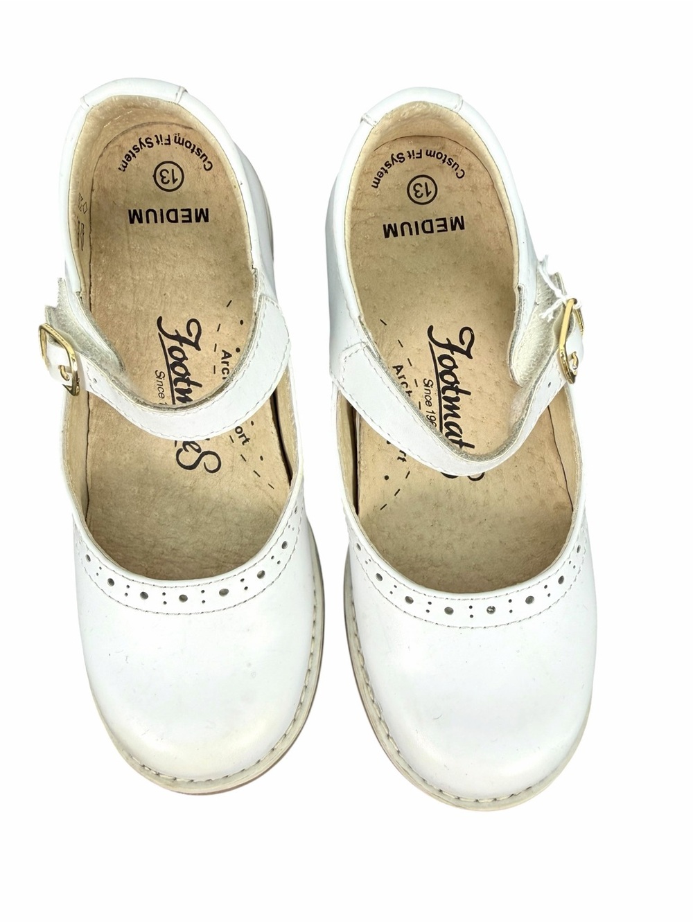 FootMates Heather Girls White Mary Jane Dress Shoes with Gold Buckle